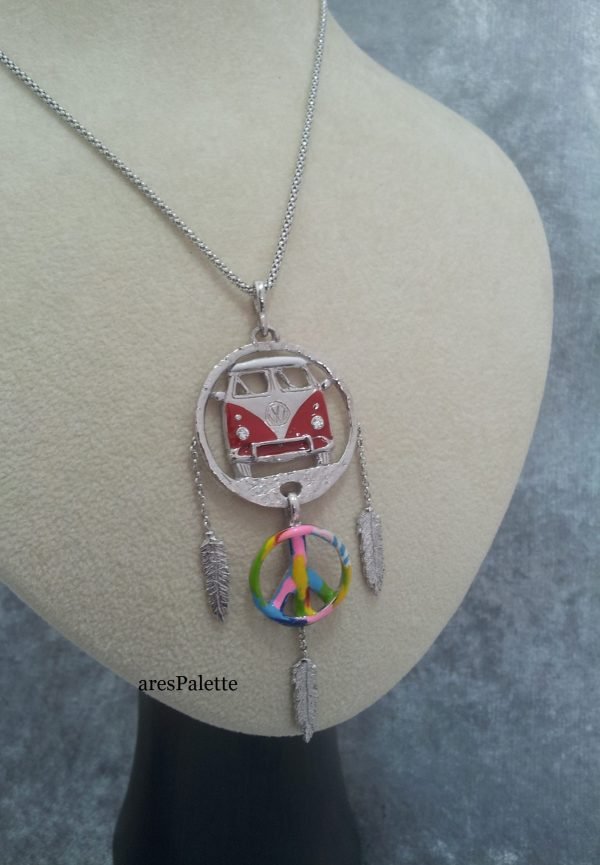 Volkswagen T1 Bus Necklace Peace Sign-925 Silver-Handmade