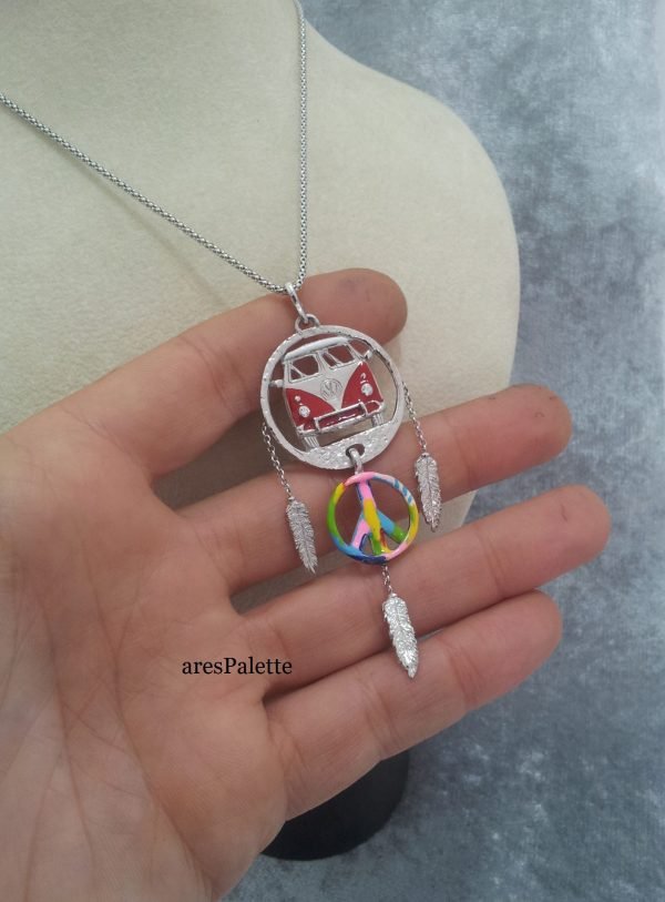 Volkswagen T1 Bus Necklace Peace Sign-925 Silver-Handmade